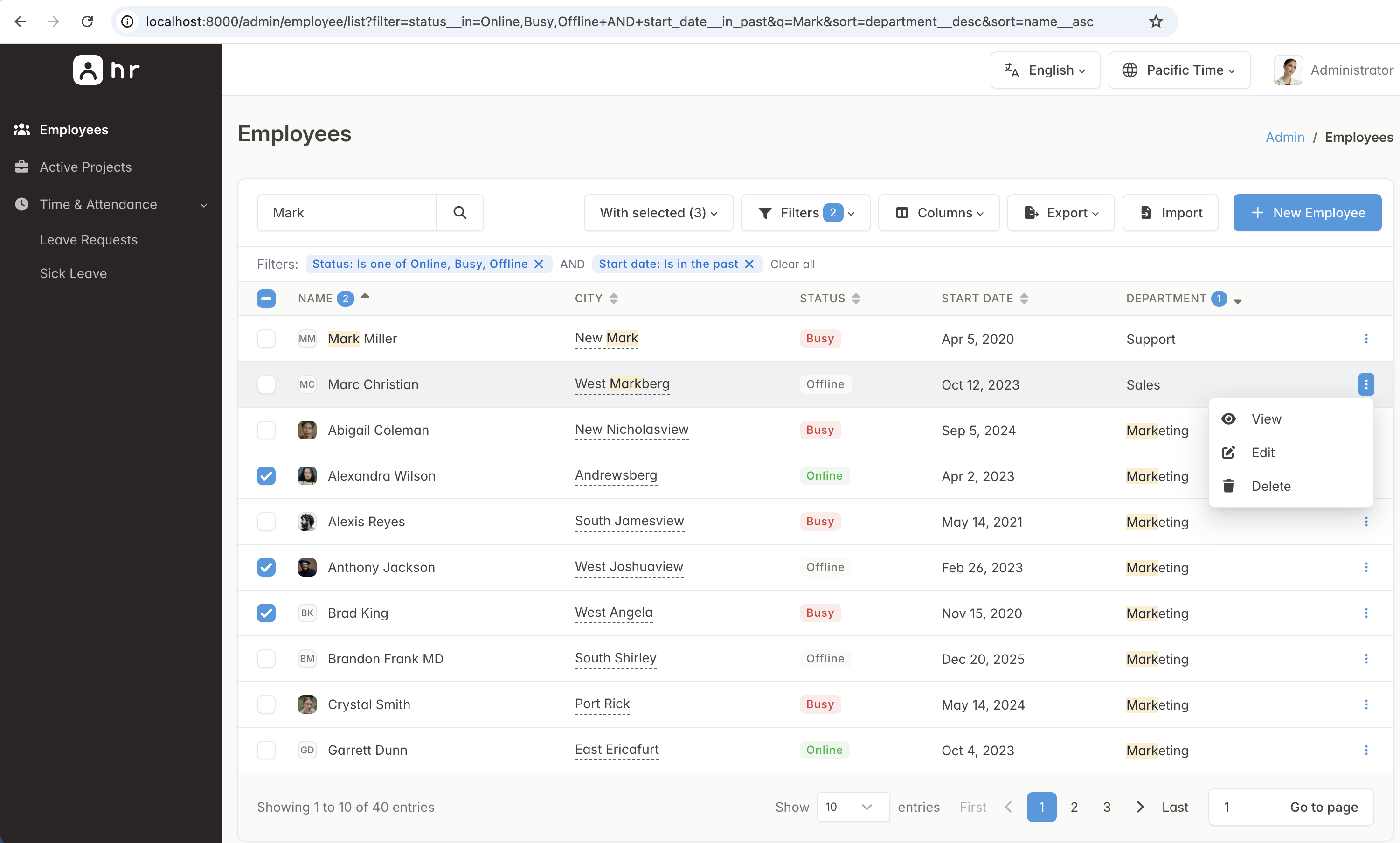 starlette-admin dashboard showing statistical widgets, recent activity tables, and a sidebar for model views